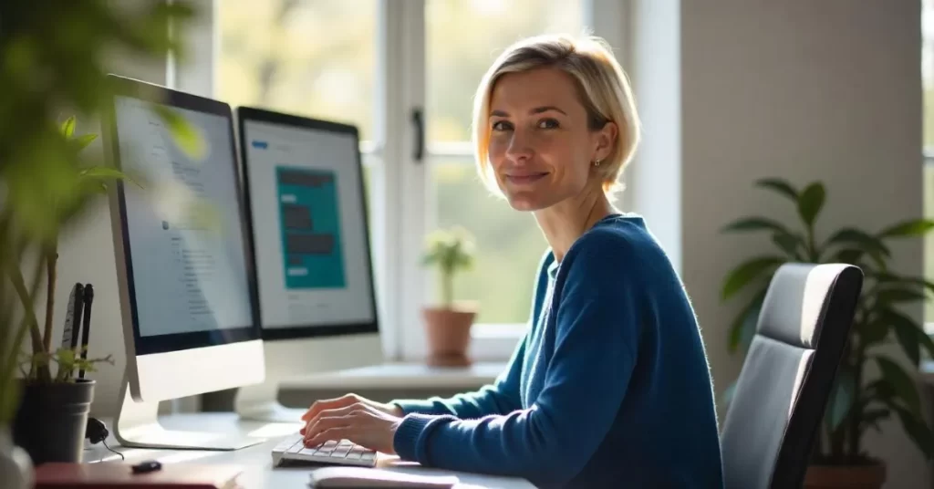 Imagem criada com IA representando uma mulher em home office aprendendo mais sobre inteligência artificial para iniciantes