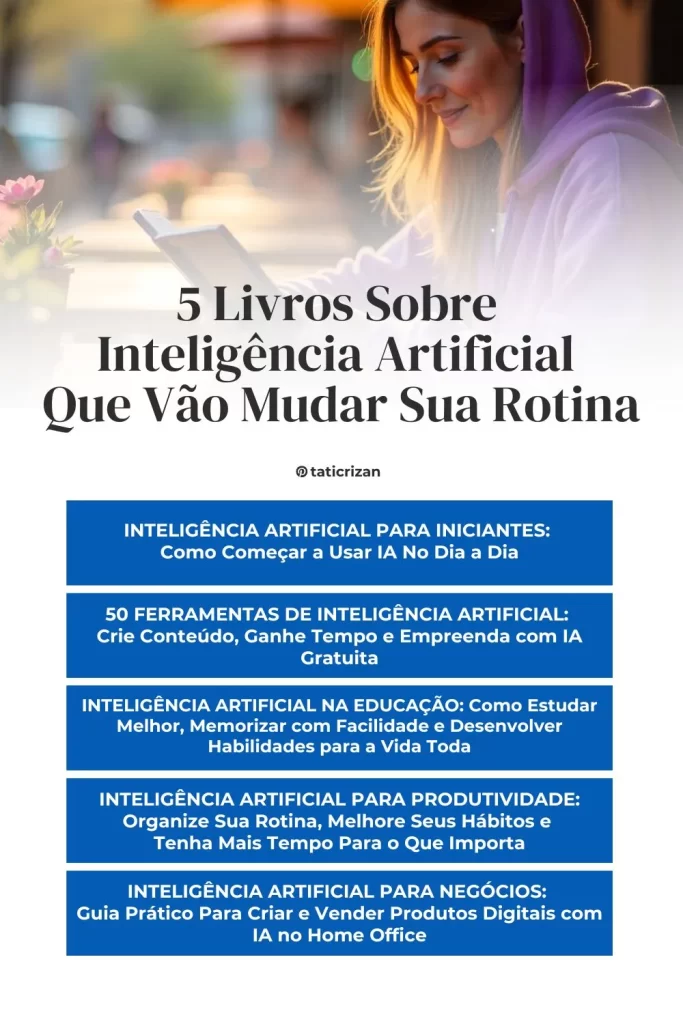 Imagem criada com IA mostrando uma mulher aprendendo sobre a Lei Magnitsky como funciona para IA, com um texto explicando sobre 5 ebooks da série INTELIGÊNCIA ARTIFICIAL