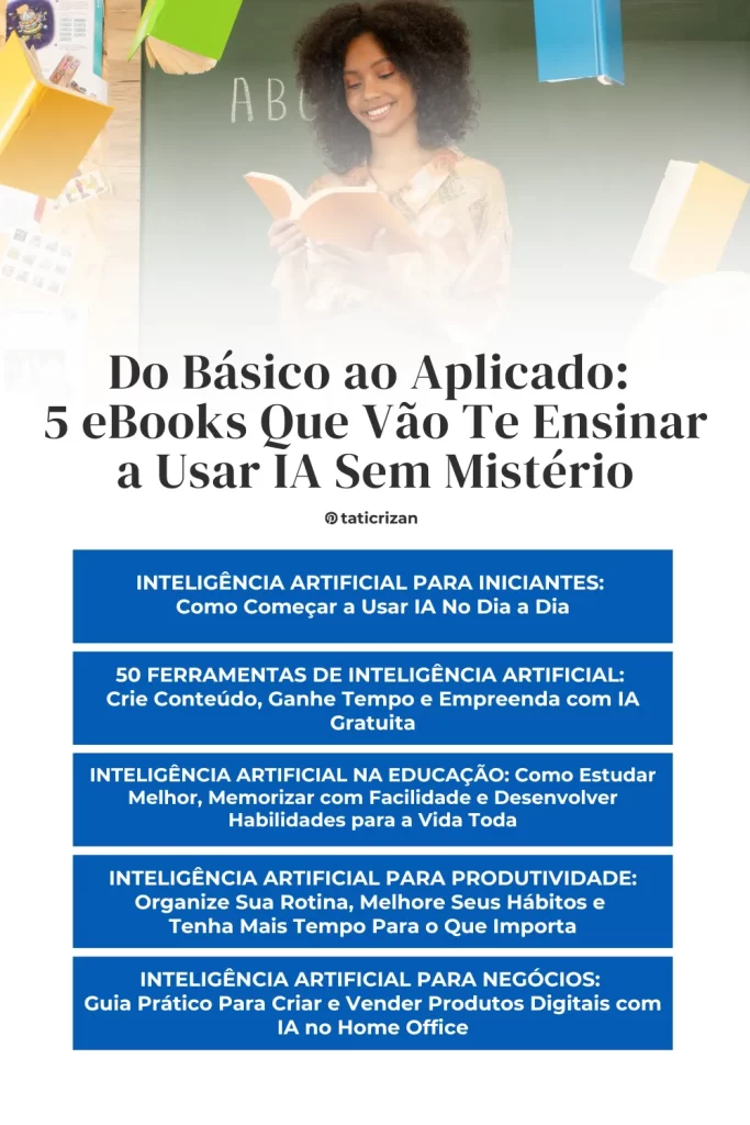Professora lendo um livro aberto em frente a uma lousa representando os 5 ebooks que vão ensinar a usar inteligência artificial sem mistérios