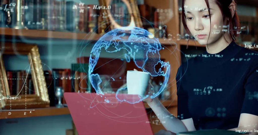 Mulher segurando uma caneca e trabalhando em seu laptop com gerador de imagens IA