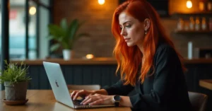 Mulher ruiva em frente ao seu laptop aprendendo O que é o Sora do ChatGPT