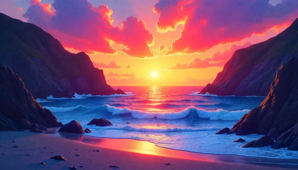 Exemplo de gerador de imagens IA com prompt “crie uma paisagem representando o pôr do sol em uma praia, com várias luzes estilo aquarela”