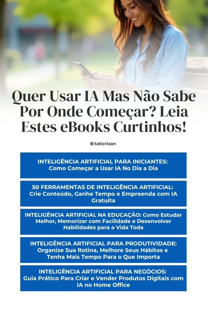Mulher sentada em um banco lendo ao ar livre ebooks curtinhos sobre inteligência artificial