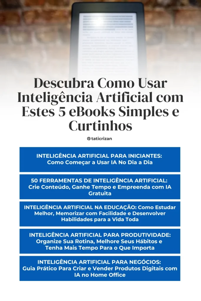 Dispositivo kindle em frente a uma parede de tijolos + texto sobre ebooks de inteligência artificial