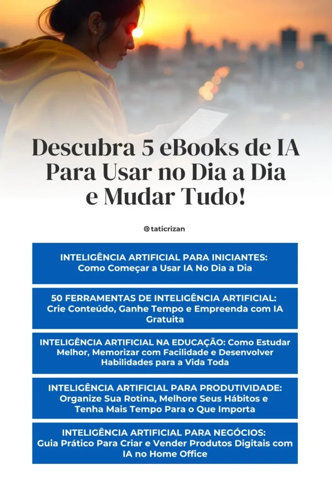 Mulher lendo sobre lei magnitsky no brasil e como isso impacta o trabalho remoto com ia + texto sobre série de ebooks de inteligência artificial aplicada