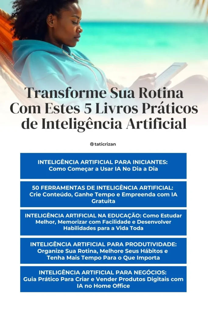 Mulher fazendo leitura agradável com eBooks sobre Inteligência artificial e ideias de produtos digitais com IA