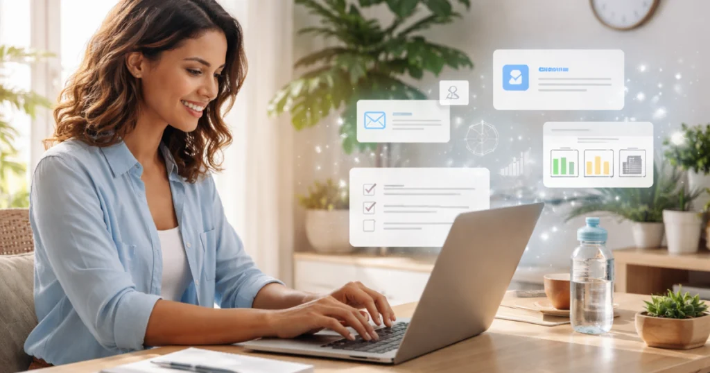 Mulher em home office usando laptop com ícones de IA, ilustrando automatizar tarefas diárias com inteligência artificial