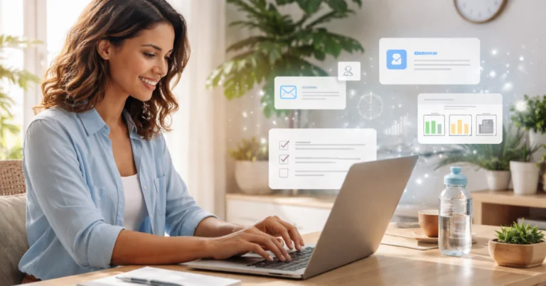 Mulher em home office usando laptop com ícones de IA, ilustrando automatizar tarefas diárias com inteligência artificial