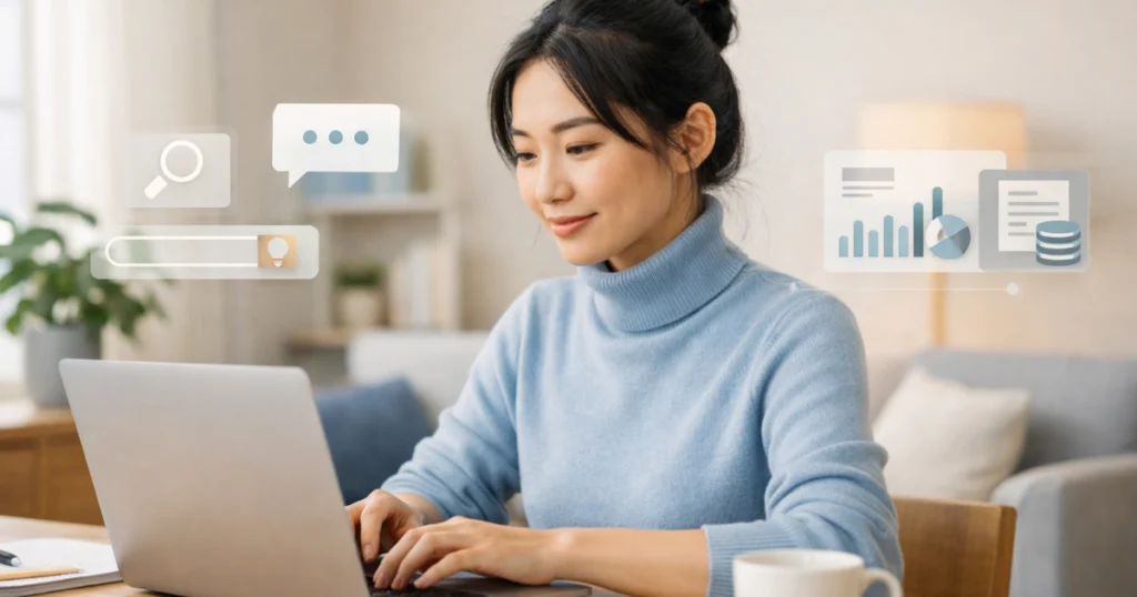 Mulher trabalhando em home office no notebook com interface de IA sutil, simbolizando uso de ChatGPT ou Gemini
