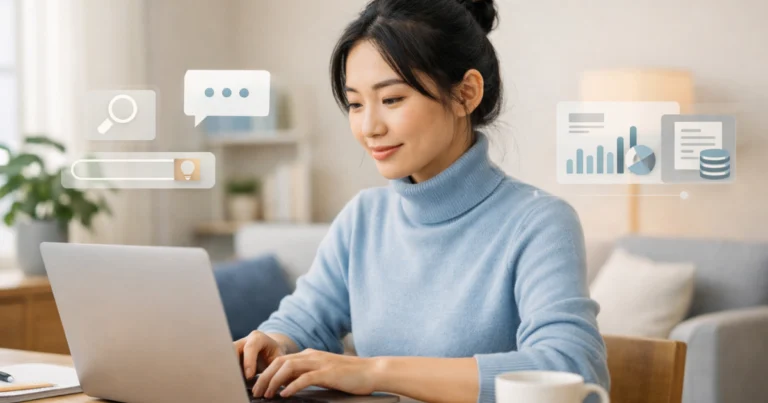 Mulher trabalhando em home office no notebook com interface de IA sutil, simbolizando uso de ChatGPT ou Gemini
