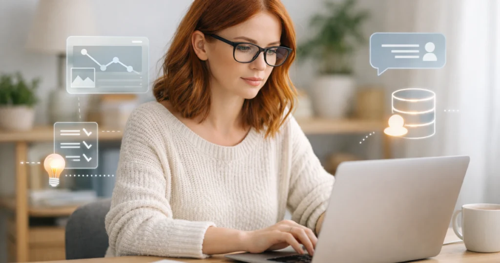 Mulher ruiva com óculos trabalha em notebook em ambiente organizado, ilustrando como a IA aprende com conteúdo humano.