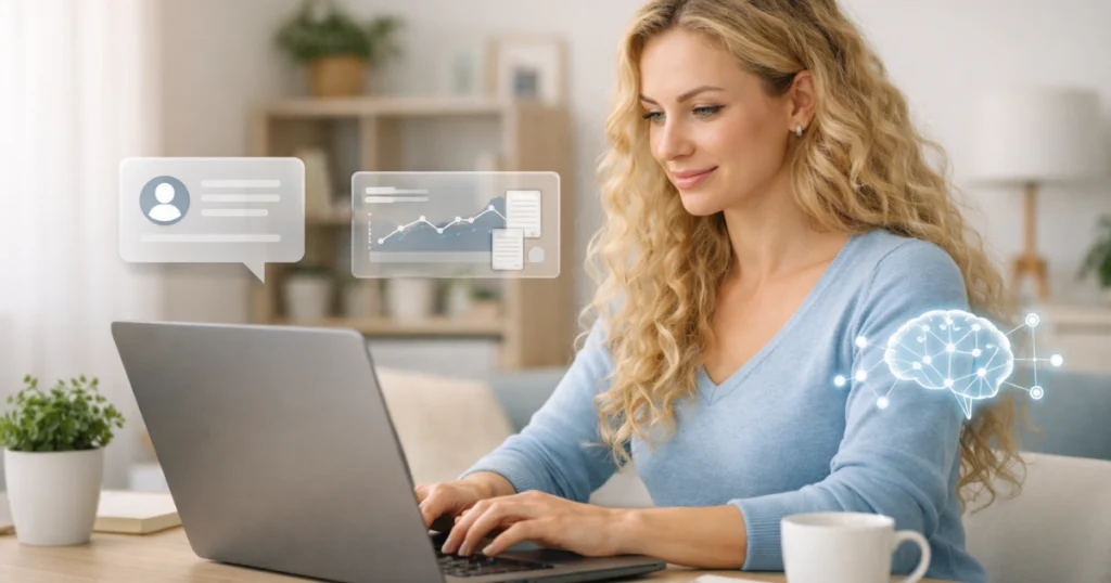 Mulher usando notebook em home office, com interface de IA discreta, representando como sites de conteúdo podem alimentar a IA de forma útil e confiável.