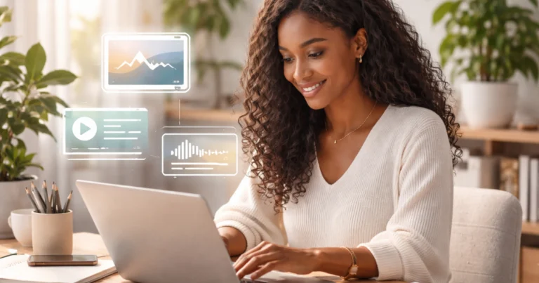 Mulher em home office usando notebook, conhecendo IAs para criar imagens, vídeos e músicas grátis em uso cotidiano