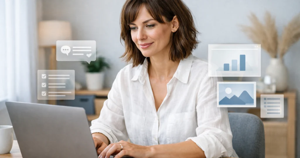 Mulher trabalhando em notebook em home office organizado, com interface sutil de IA, refletindo uso de prompt simples ou detalhado no ChatGPT.