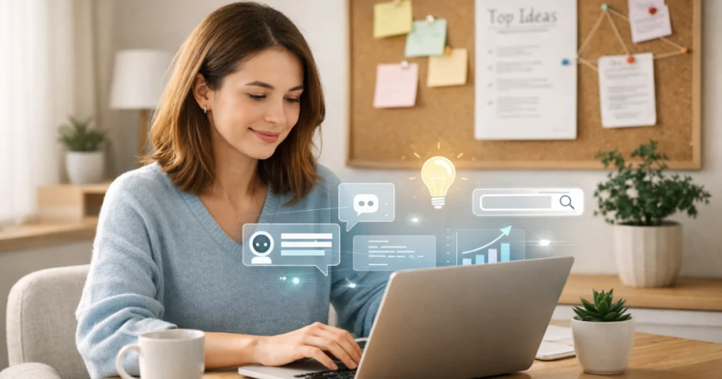 Mulher trabalhando em seu notebook, aplicando inteligência artificial para criar ideias de SEO e conteúdo viral