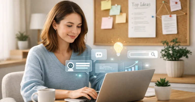 Mulher trabalhando em seu notebook, aplicando inteligência artificial para criar ideias de SEO e conteúdo viral