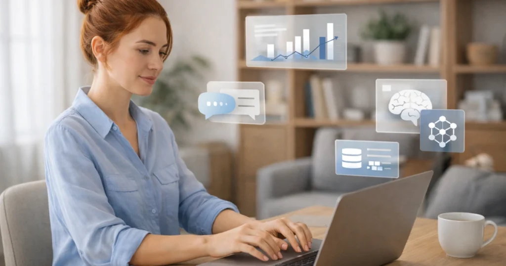 Mulher trabalhando em casa com notebook, interface sutil de IA na tela, ilustrando o uso prático dos tipos de Inteligência Artificial no dia a dia.