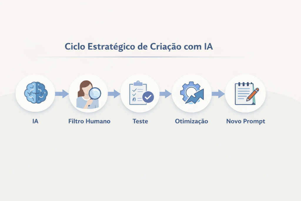 Fluxo de criação de ideias de SEO com IA mostrando etapas: IA, filtro humano, teste, otimização e novo prompt em diagrama horizontal.