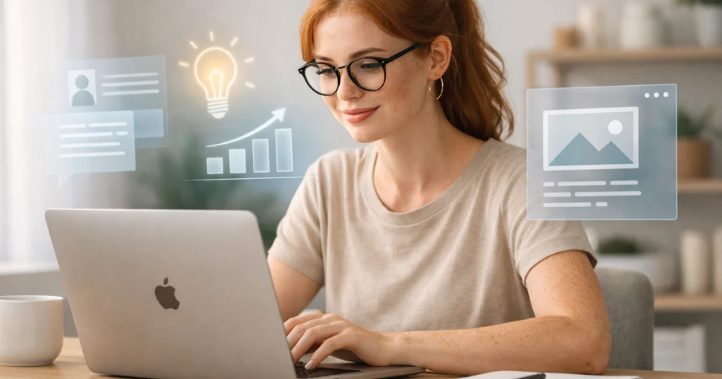 Mulher trabalhando em casa no notebook, com interface de IA sutil, ilustrando como combinar criatividade humana e IA sem perder a autenticidade.