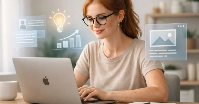Mulher trabalhando em casa no notebook, com interface de IA sutil, ilustrando como combinar criatividade humana e IA sem perder a autenticidade.