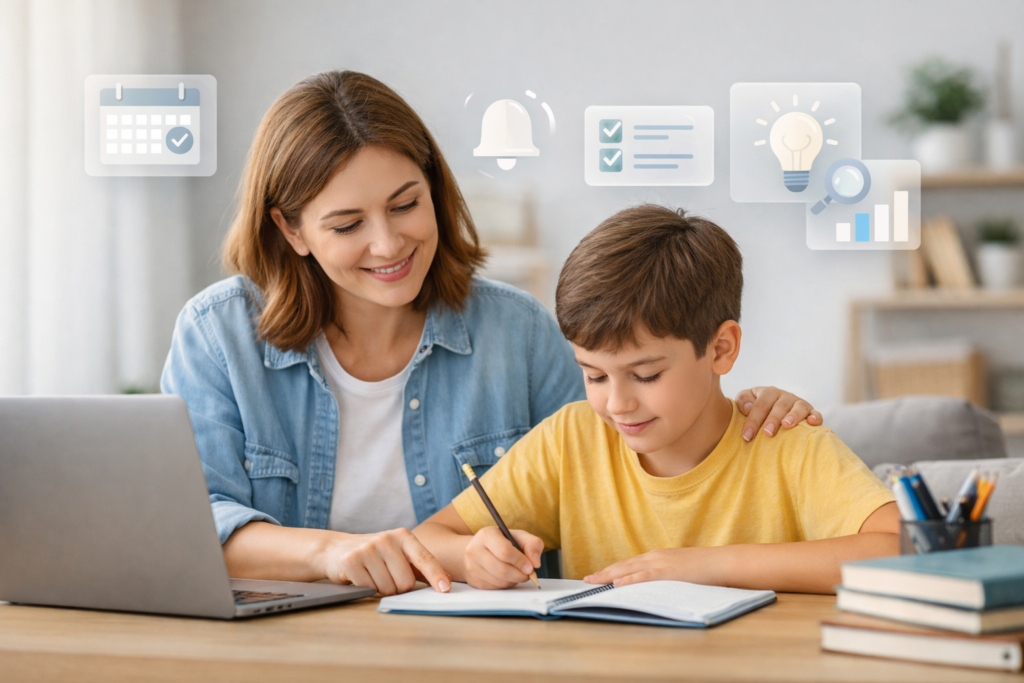 IA na rotina escolar: mãe ajuda o filho com tarefas usando notebook e caderno, com alertas digitais discretos ao fundo.