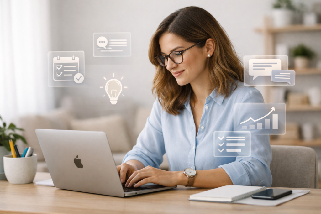 Produtividade com IA aplicada à vida real: mulher com notebook organiza Como Usar Inteligência Artificial na Rotina Feminina em home office.