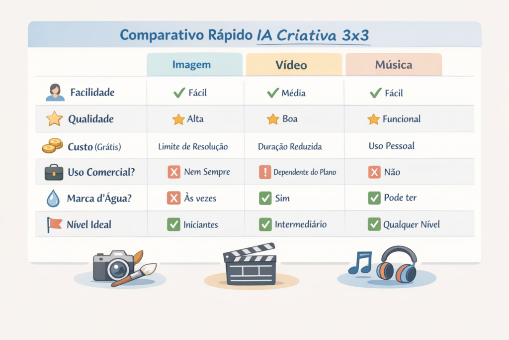 Comparativo rápido de IAs gratuitas para imagens, vídeos e músicas — infográfico horizontal com tabela organizada mostrando critérios como facilidade, qualidade, custo, uso comercial, marca d’água e nível ideal, voltado para iniciantes que desejam escolher a ferramenta certa com clareza e praticidade.