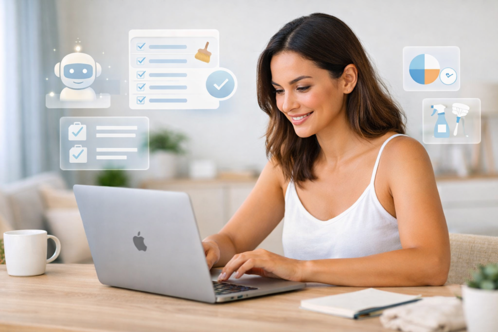 Mulher trabalhando em notebook em casa criando um cronograma de limpeza realista com IA, com interface digital e ambiente organizado.