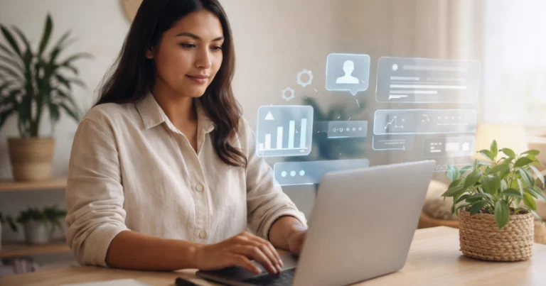 Mulher trabalhando em casa com notebook e elementos sutis de IA na tela, ilustrando erros comuns ao usar inteligência artificial no dia a dia.