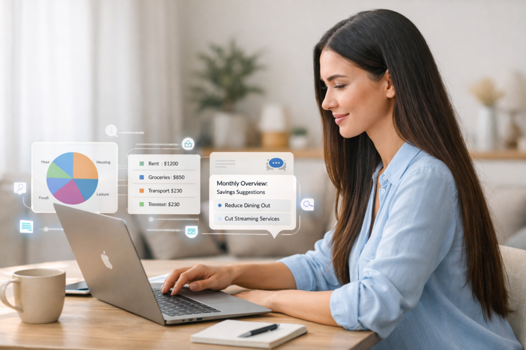 IA para organizar seu orçamento doméstico: mulher analisa gastos no notebook com categorização automática em ambiente doméstico organizado