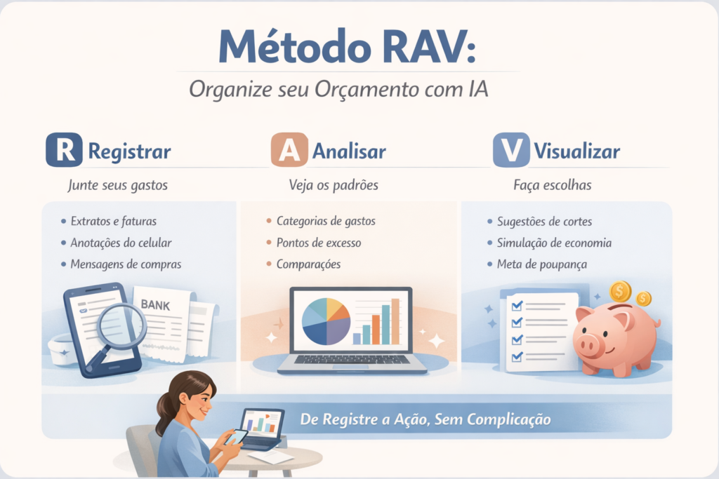 IA Para Organizar Seu Orçamento Doméstico em infográfico do Método RAV com etapas registrar, analisar e visualizar gastos mensais