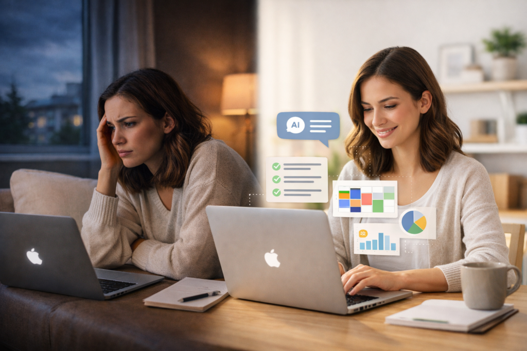 IA Para Organizar Sua Semana em uso prático: mulher planejando tarefas no notebook com interface de IA em casa, contexto de redução da ansiedade de domingo à noite