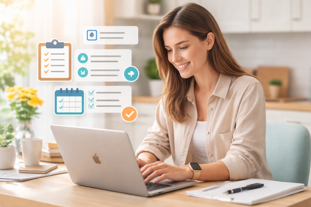 IA Para Organizar Tarefas de Casa mostrando mulher trabalhando em notebook com interface de lembretes e listas digitais em ambiente organizado e calmo.