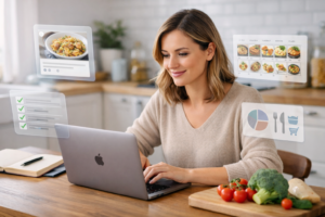 IA Para Planejar Cardápio Semanal em notebook na cozinha organizada, com interface digital auxiliando o planejamento das refeições
