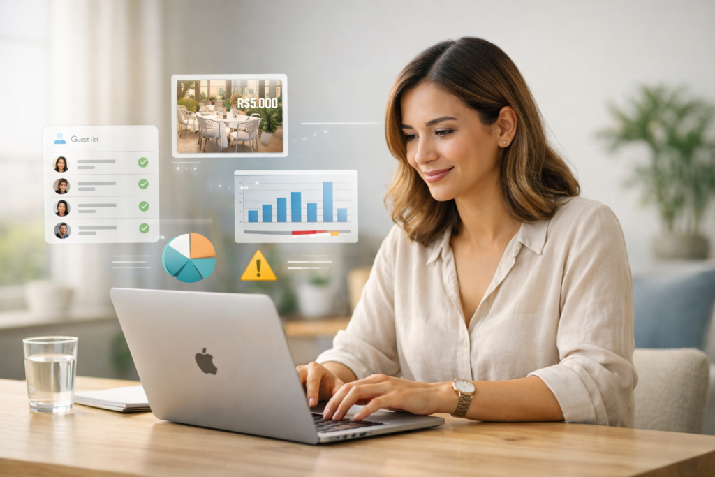 IA para planejar eventos e festas mostrando mulher trabalhando em notebook com gráficos, listas e orçamento no ambiente doméstico organizado.