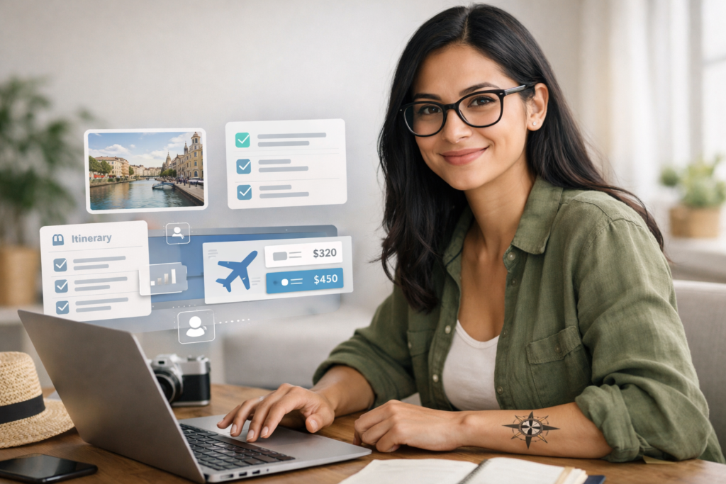 IA Para Planejar Viagens aplicada por mulher morena com laptop e interface digital organizando roteiro e orçamento