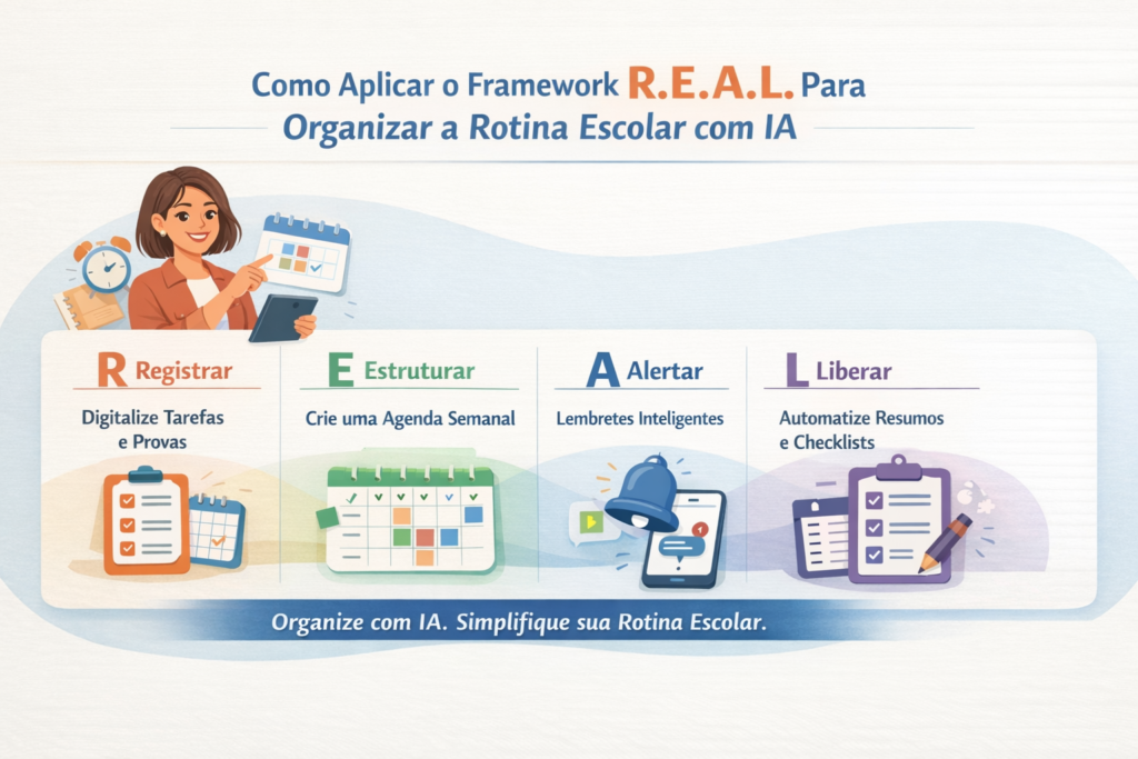 IA na Rotina Escolar mostrando o framework R.E.A.L. com etapas Registrar, Estruturar, Alertar e Liberar, exemplos práticos do dia a dia.