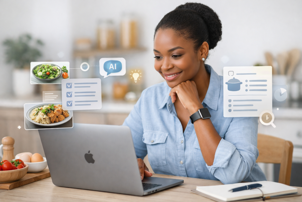 IA Para Criar Receitas em uso prático: mulher trabalhando no notebook na cozinha com ingredientes e sugestões inteligentes na tela