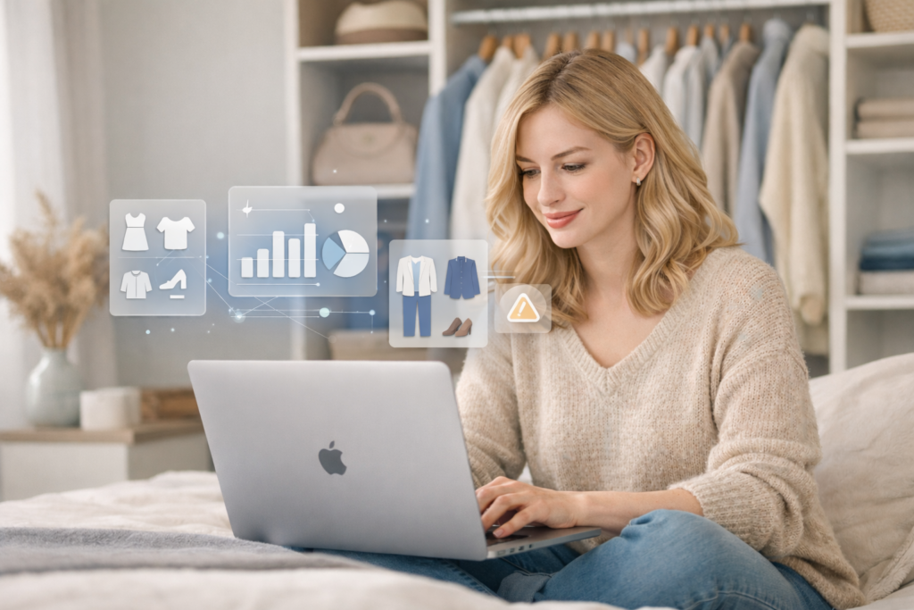 IA Para Montar um Guarda-Roupa Cápsula mostrando mulher usando notebook em quarto organizado com interface de roupas e gráficos.