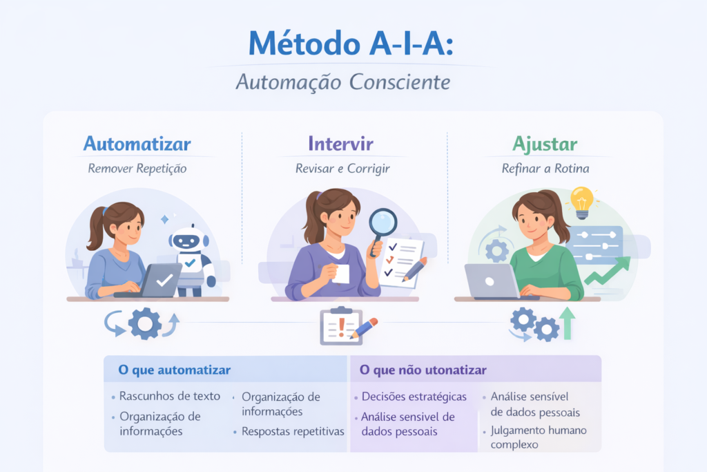 Infográfico do método A-I-A para automação com IA: Automatizar, Intervir e Ajustar, mostrando fluxo simples e prático para iniciantes em produtividade e negócios.