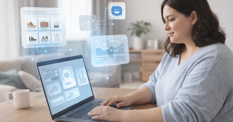 Mulher trabalhando em casa no notebook, com interface de Inteligência Artificial no E-Commerce exibindo dados simples e produtos