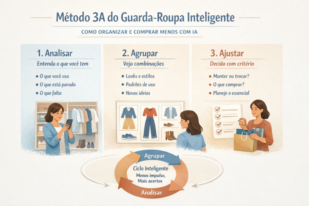 Método 3A do guarda-roupa inteligente com IA mostrando etapas analisar, agrupar e ajustar para organizar roupas e reduzir compras
