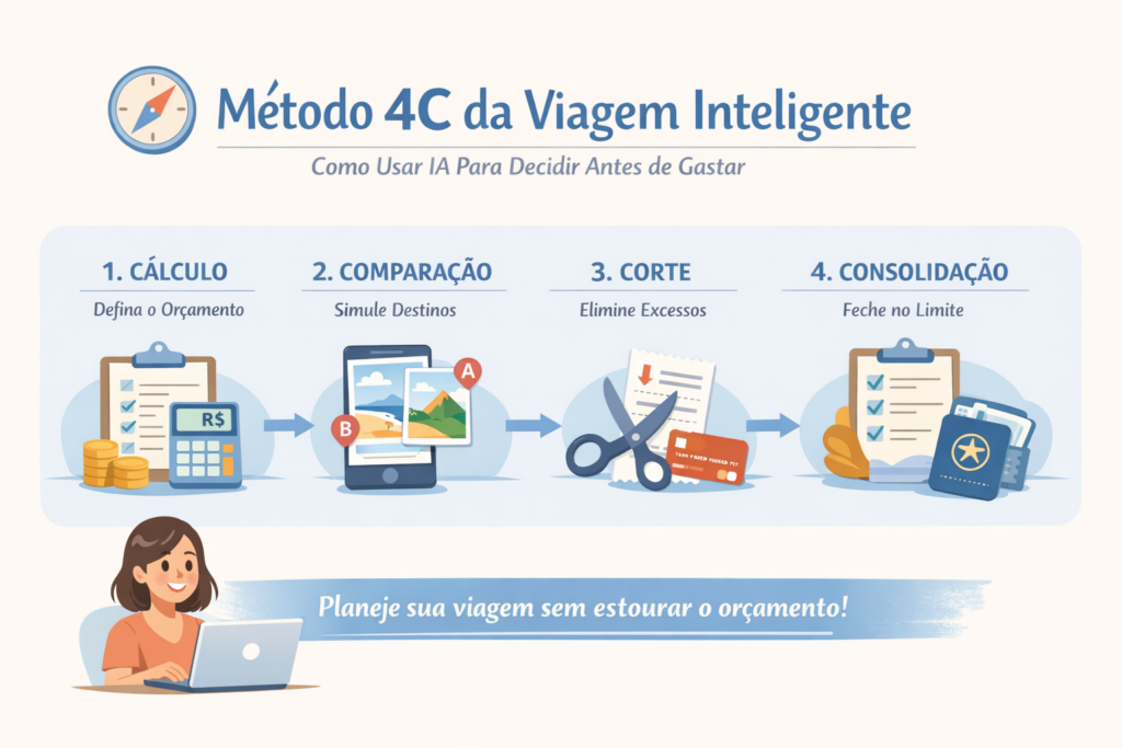 IA Para Planejar Viagens resumida no Método 4C com etapas de cálculo, comparação, corte e consolidação dentro do orçamento