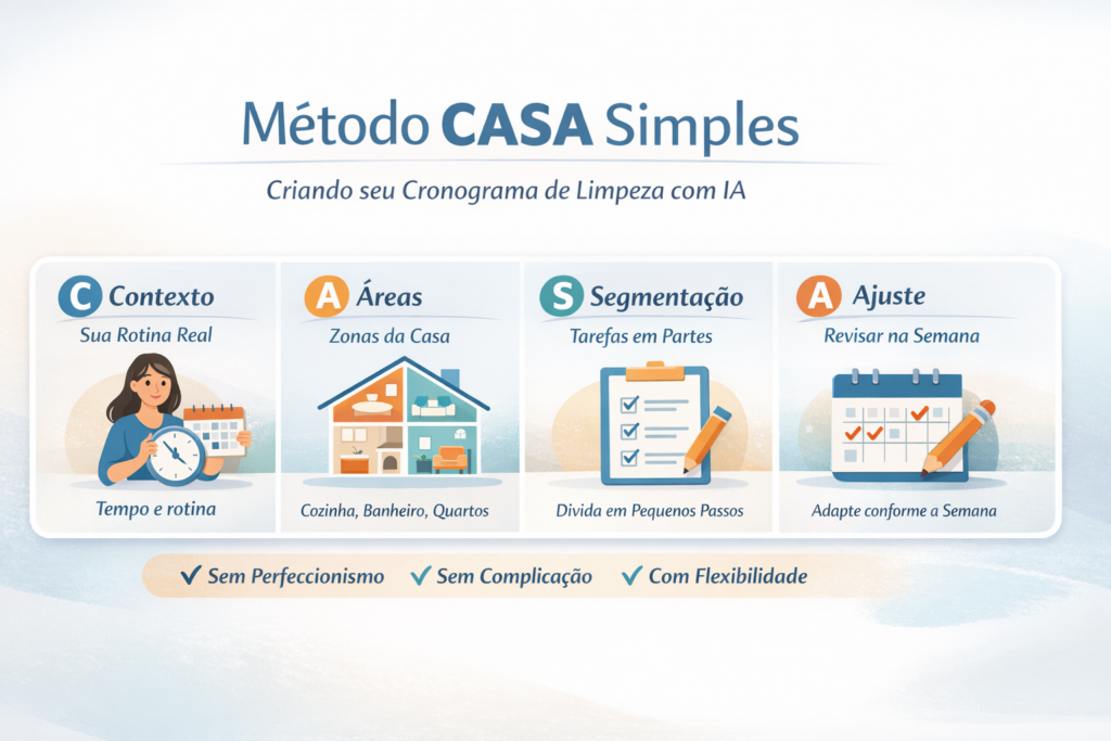 Cronograma de limpeza realista com IA no Método CASA Simples com etapas Contexto, Áreas, Segmentação e Ajuste no artigo sobre organização doméstica