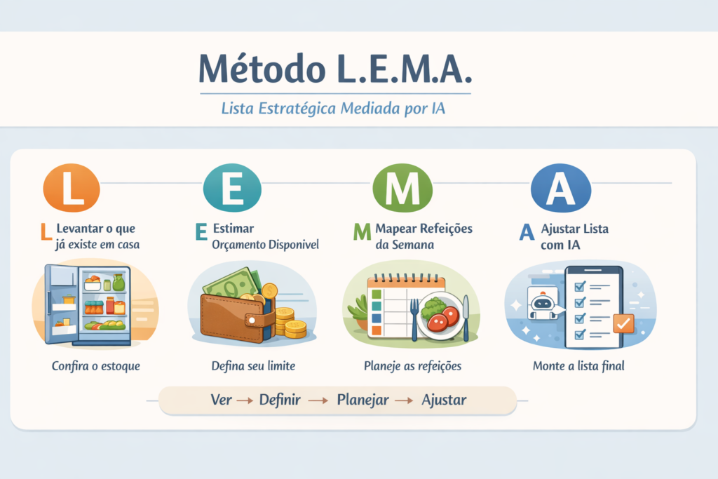 Lista de compras inteligente com IA no método LEMA mostrando etapas estoque, orçamento, refeições e ajuste final para economizar no mercado