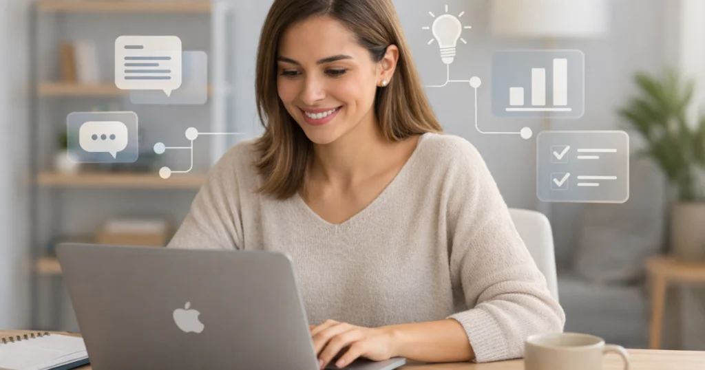 Mulher trabalhando em notebook em home office, usando interface digital sutil para organizar tarefas e aplicar prompts básicos para ChatGPT.