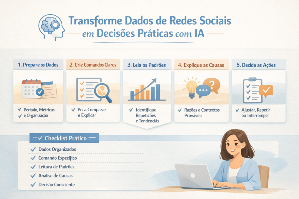 Framework de comandos de IA para analisar dados de redes sociais, mostrando etapas práticas e checklist resumido
