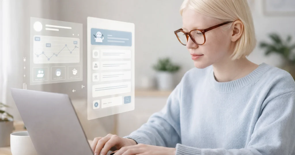 Mulher usando notebook em casa com gráficos simples e interface de IA, ilustrando comandos de IA para redes sociais.