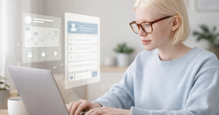 Mulher usando notebook em casa com gráficos simples e interface de IA, ilustrando comandos de IA para redes sociais.