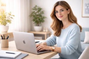 Cadeia produtiva da inteligência artificial no uso real: mulher trabalhando no notebook em ambiente organizado e focado